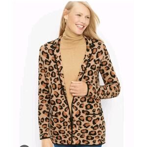 Talbots Open Front Cardigan Sweater Blazer Leopard Print Petite S Wool Pockets